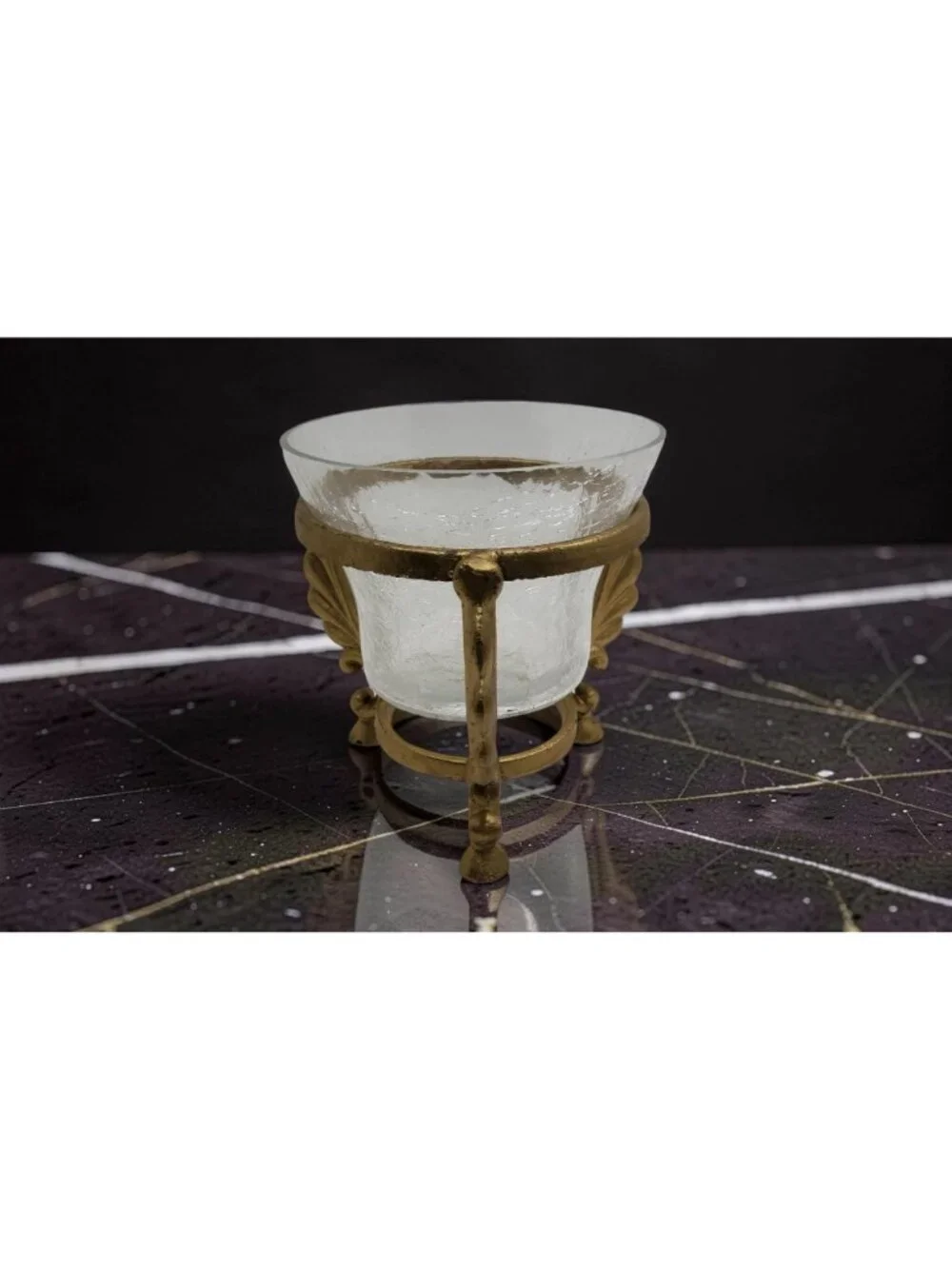 vintage gold color metal leaf design 3-leg crackled glass candle holder. 5.5